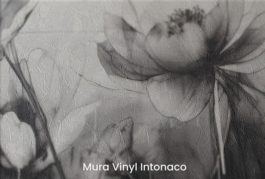 Zbliżenie na artystyczną fototapetę o nazwie GRAPHITE GARDEN GRACE na podłożu Mura Vinyl Intonaco - struktura tartego tynku.