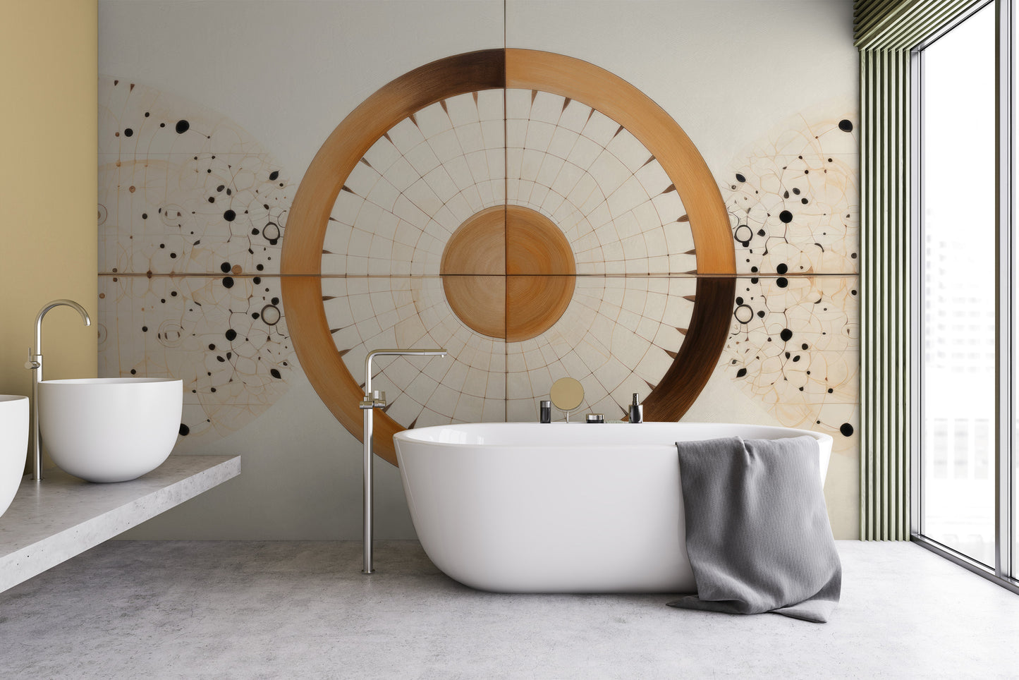 Wzór fototapety artystycznej o nazwie ORBITAL HARMONY IN WOODEN HUES pokazanej w aranżacji wnętrza.