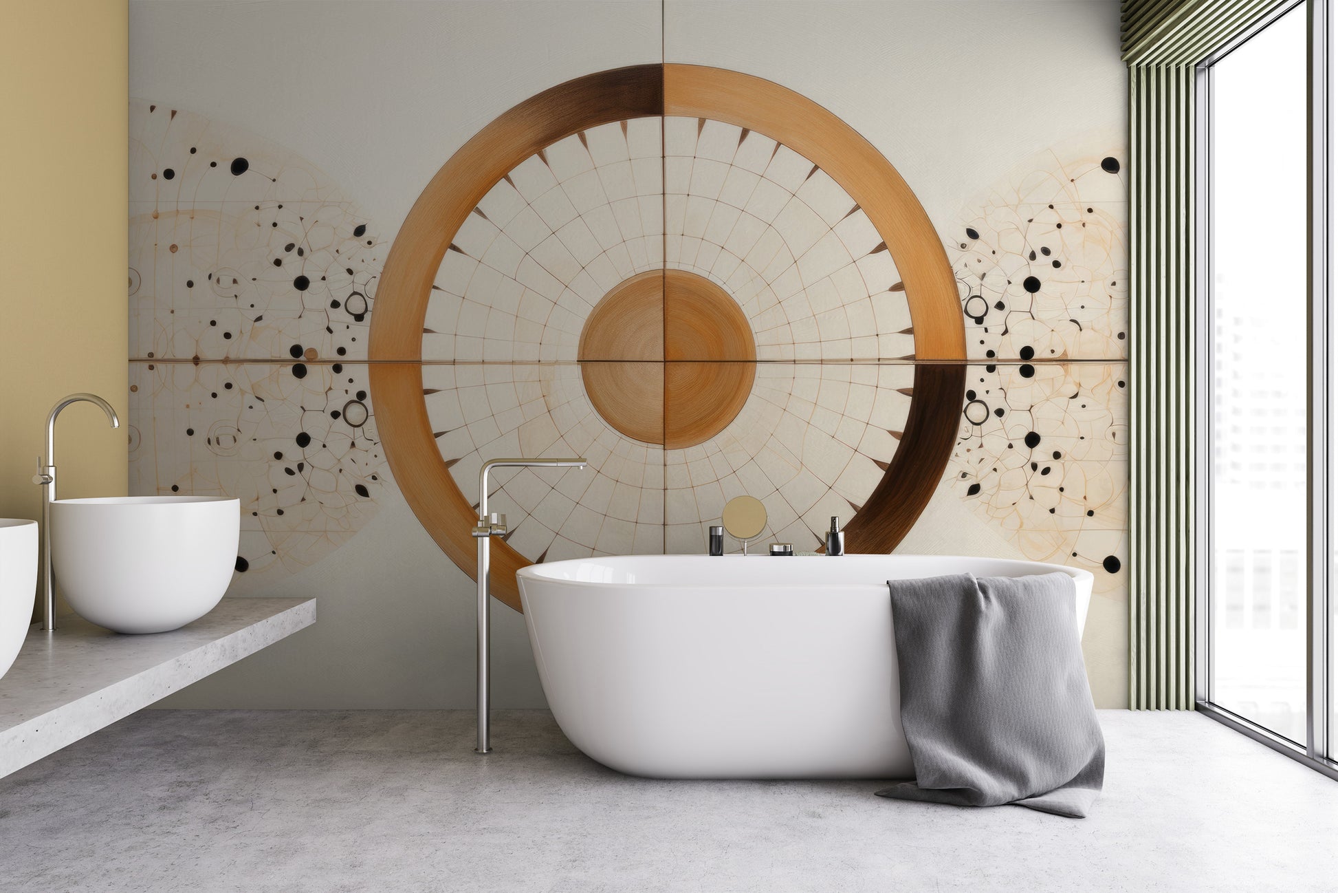 Wzór fototapety artystycznej o nazwie ORBITAL HARMONY IN WOODEN HUES pokazanej w aranżacji wnętrza.