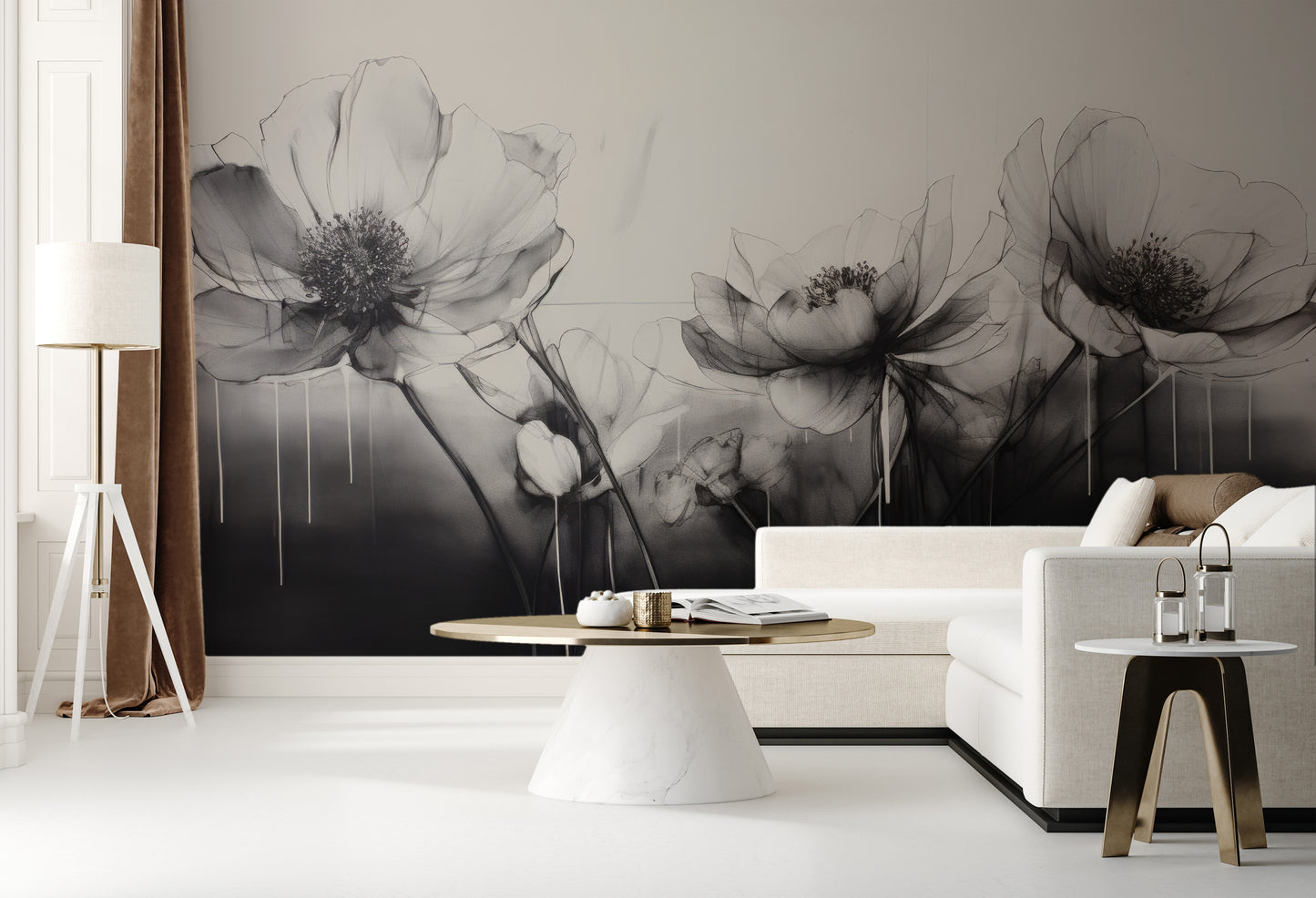 Wzór fototapety o nazwie GRAPHITE GARDEN GRACE pokazanej w kontekście pomieszczenia.