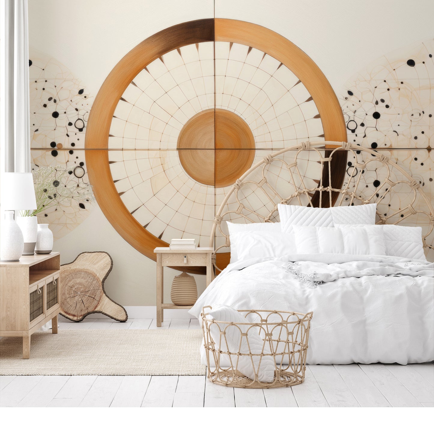 Zdjęcie prezentuje aranżację wnętrza z użyciem fototapety o nazwie ORBITAL HARMONY IN WOODEN HUES pokazanej w aranżacji wnętrza.