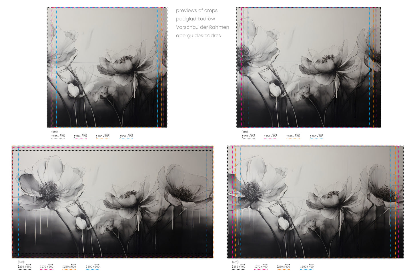 Na obrazie znajduje się prezentacja przykładowych rozmiarów fototapety o nazwie GRAPHITE GARDEN GRACE. Rozmiar fototapety jest dowolny.