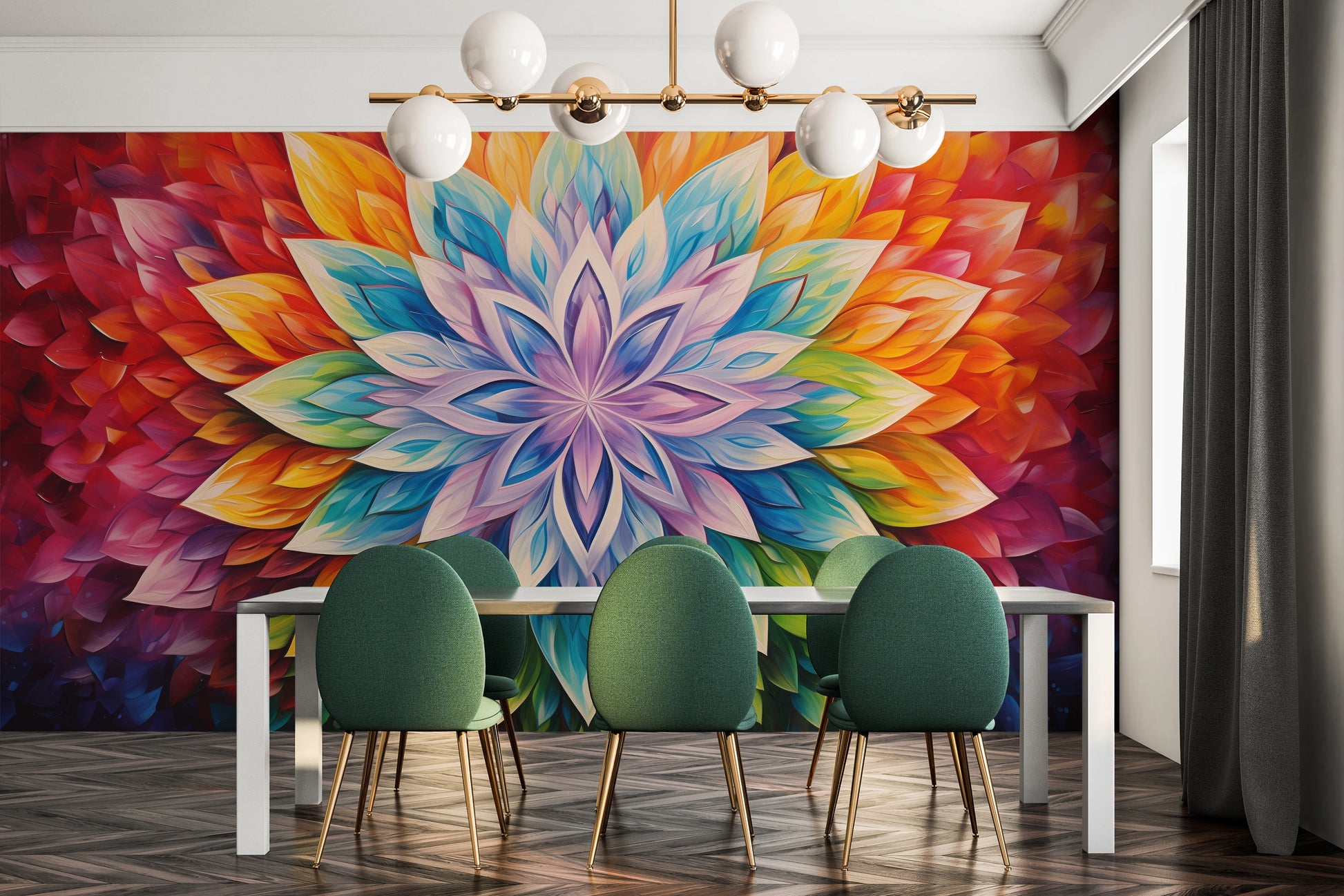 Wzór fototapety artystycznej o nazwie Fiery Lotus pokazanej w aranżacji wnętrza.
