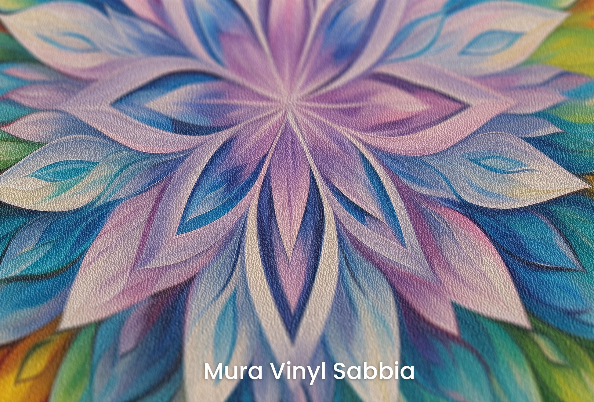 Zbliżenie na artystyczną fototapetę o nazwie Fiery Lotus na podłożu Mura Vinyl Sabbia struktura grubego ziarna piasku.