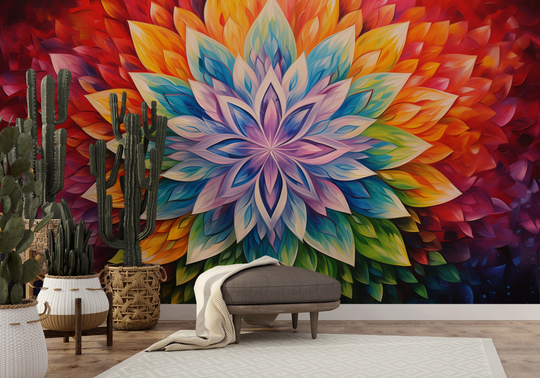 Wzór fototapety artystycznej o nazwie Fiery Lotus pokazanej w aranżacji wnętrza.