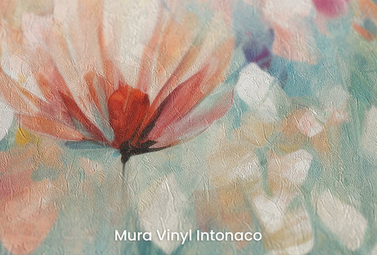 Zbliżenie na artystyczną fototapetę o nazwie Serene Flora #3 na podłożu Mura Vinyl Intonaco - struktura tartego tynku.