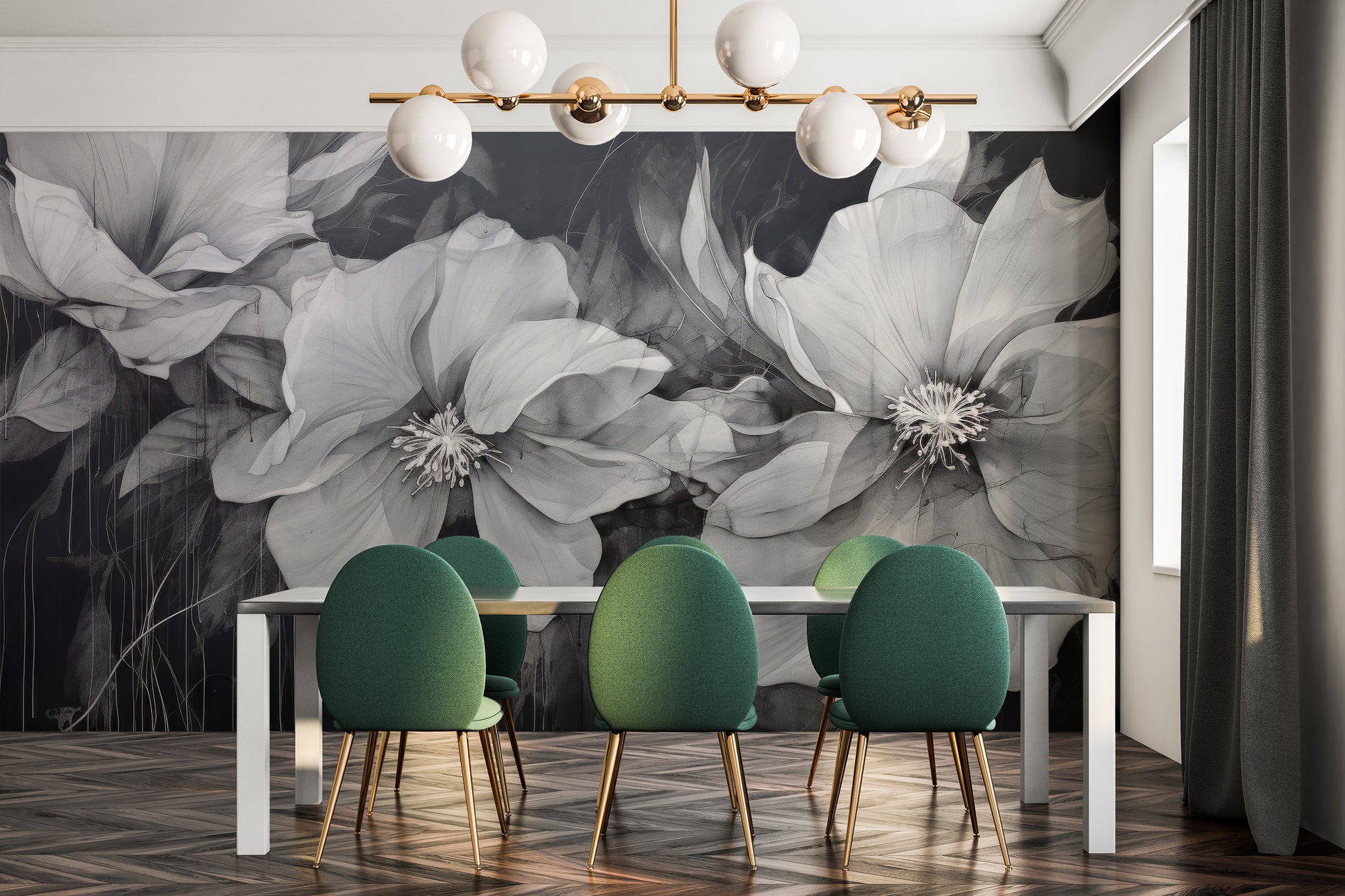 Wzór fototapety o nazwie CHARCOAL FLORAL CASCADE pokazanej w kontekście pomieszczenia.