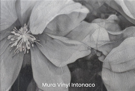 Zbliżenie na artystyczną fototapetę o nazwie CHARCOAL FLORAL CASCADE na podłożu Mura Vinyl Intonaco - struktura tartego tynku.