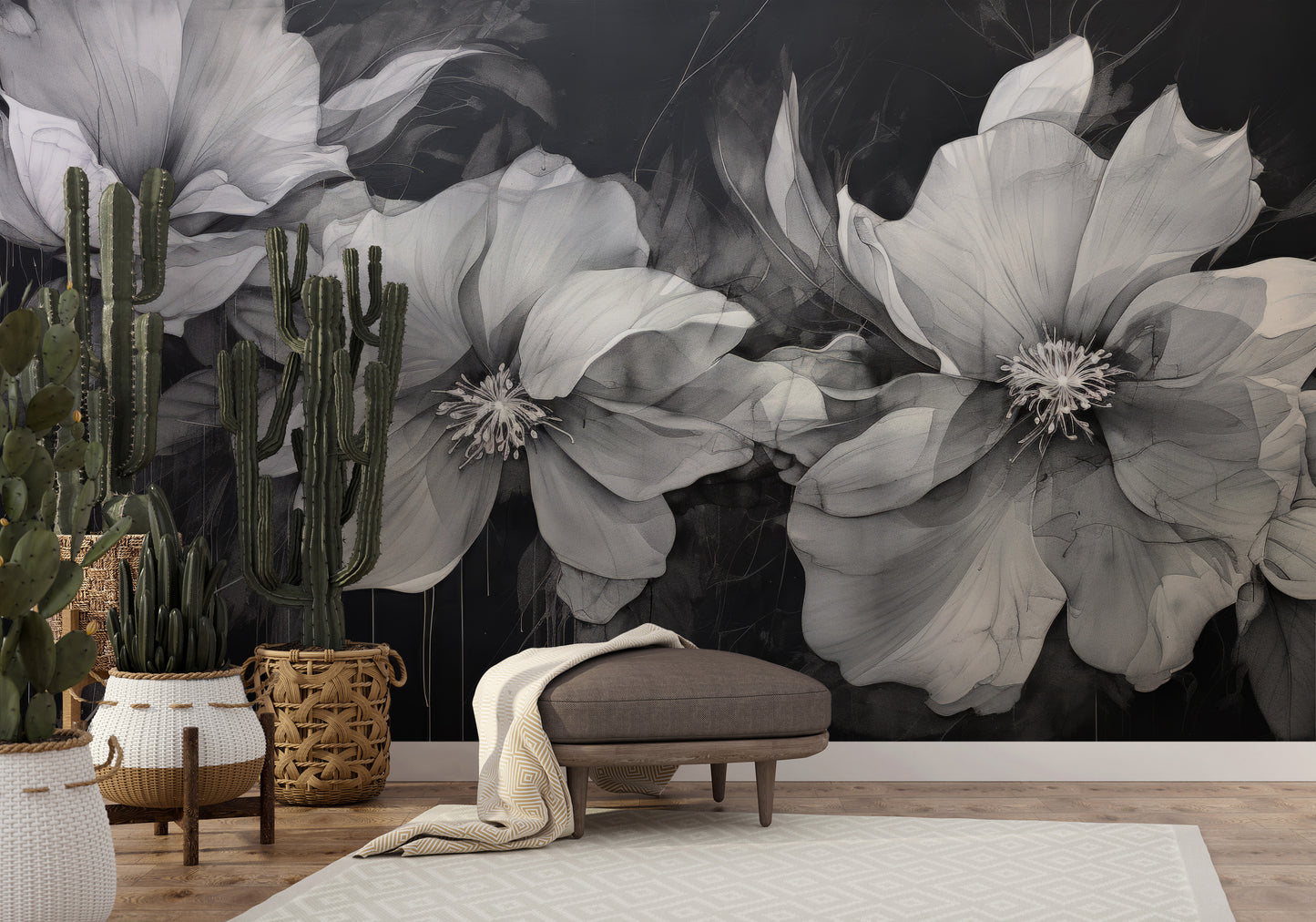 Fototapeta malowana o nazwie CHARCOAL FLORAL CASCADE pokazana w aranżacji wnętrza.