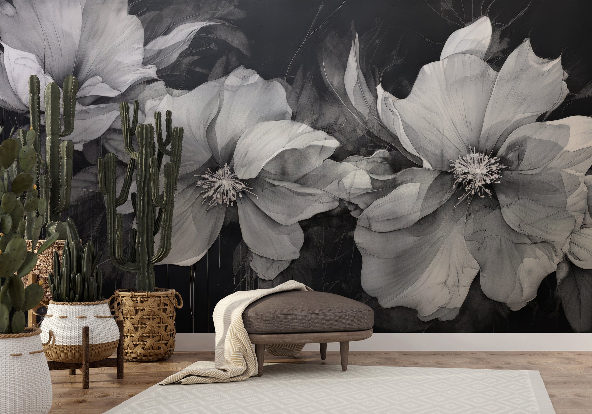 Fototapeta malowana o nazwie CHARCOAL FLORAL CASCADE pokazana w aranżacji wnętrza.