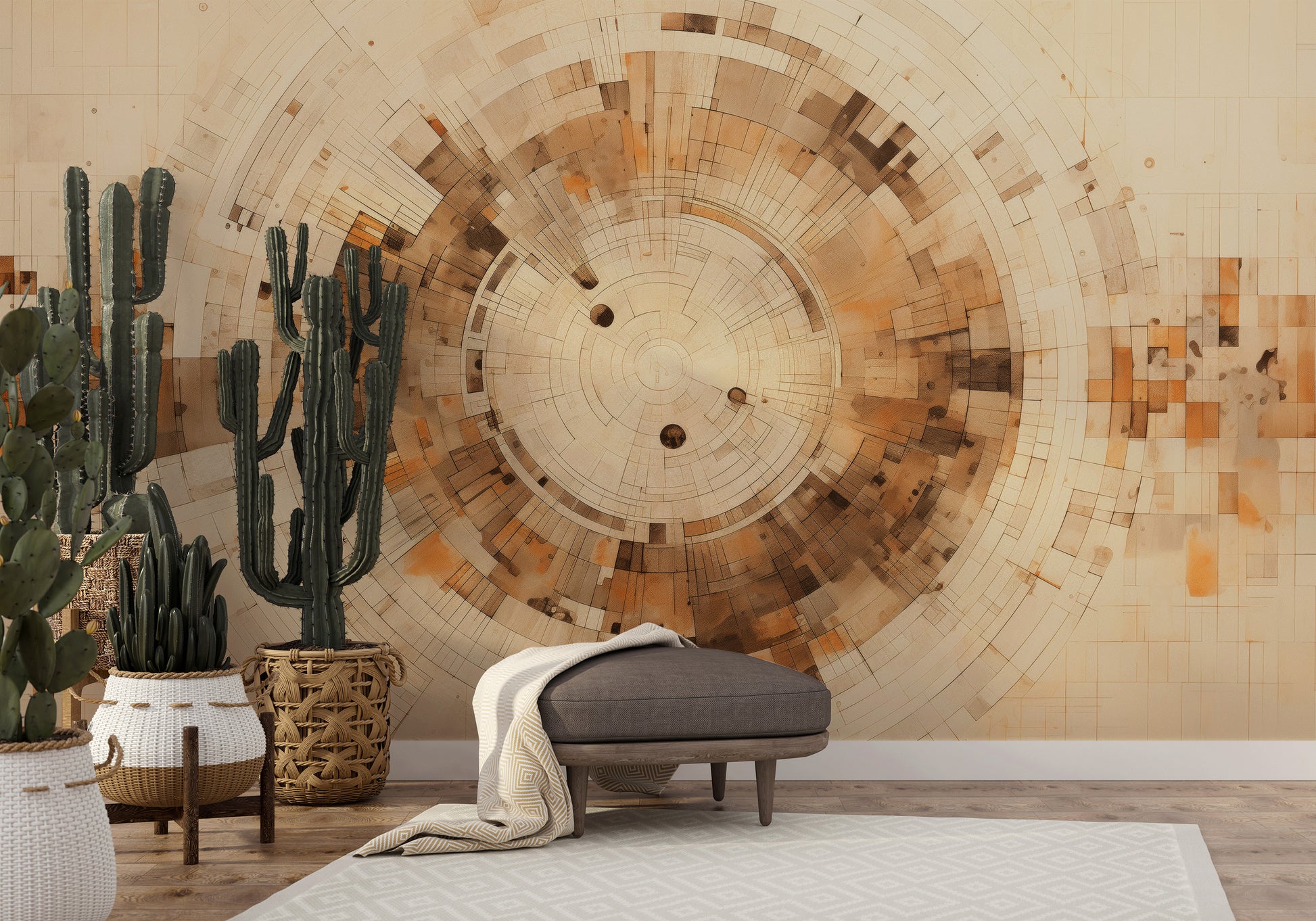 Wzór fototapety o nazwie PIXELATED VORTEX IN EARTHEN TONES pokazanej w kontekście pomieszczenia.