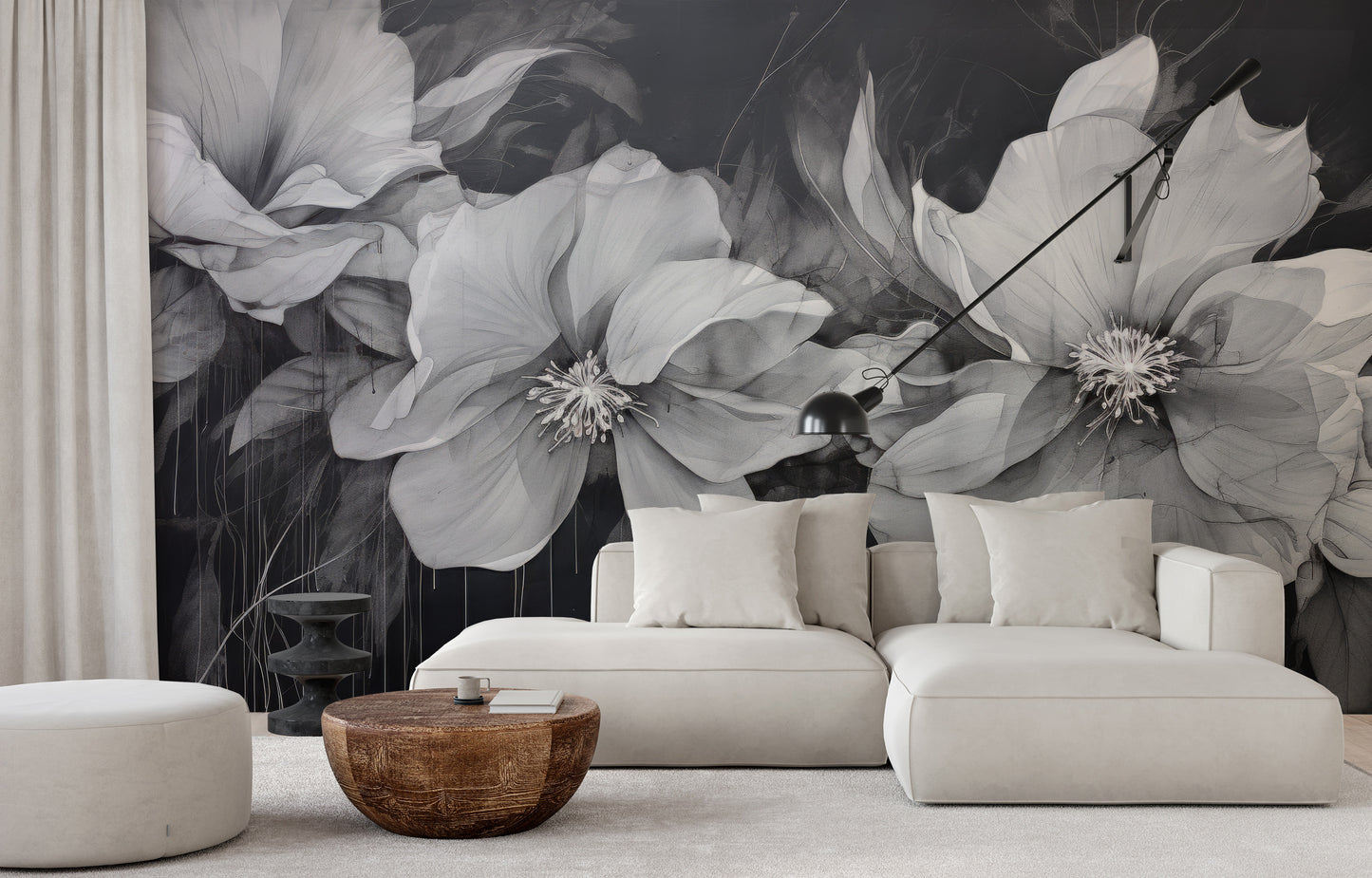 Wzór fototapety malowanej o nazwie CHARCOAL FLORAL CASCADE pokazanej w aranżacji wnętrza.