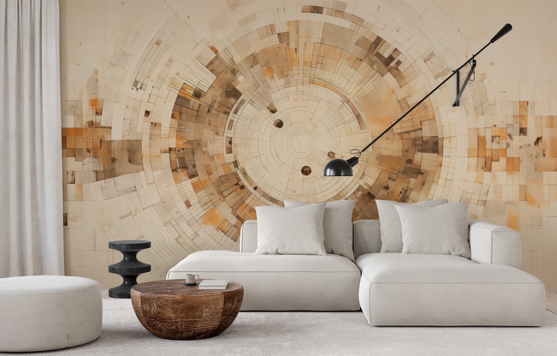 Wzór fototapety artystycznej o nazwie PIXELATED VORTEX IN EARTHEN TONES pokazanej w aranżacji wnętrza.