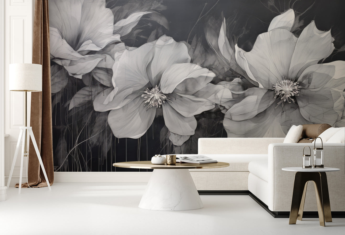 Wzór fototapety artystycznej o nazwie CHARCOAL FLORAL CASCADE pokazanej w aranżacji wnętrza.
