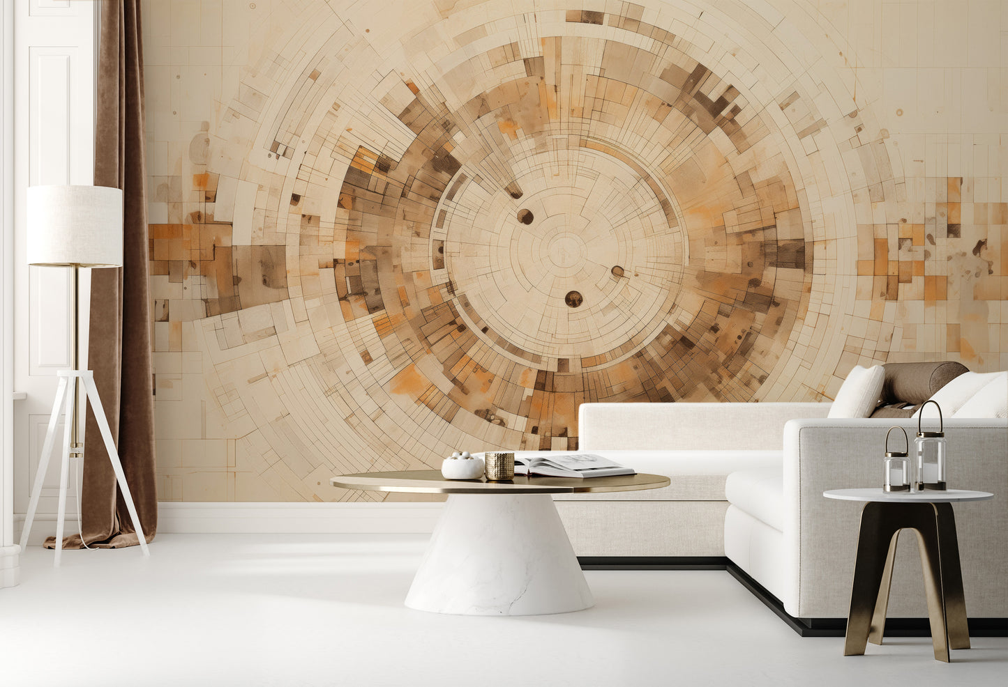 Fototapeta malowana o nazwie PIXELATED VORTEX IN EARTHEN TONES pokazana w aranżacji wnętrza.