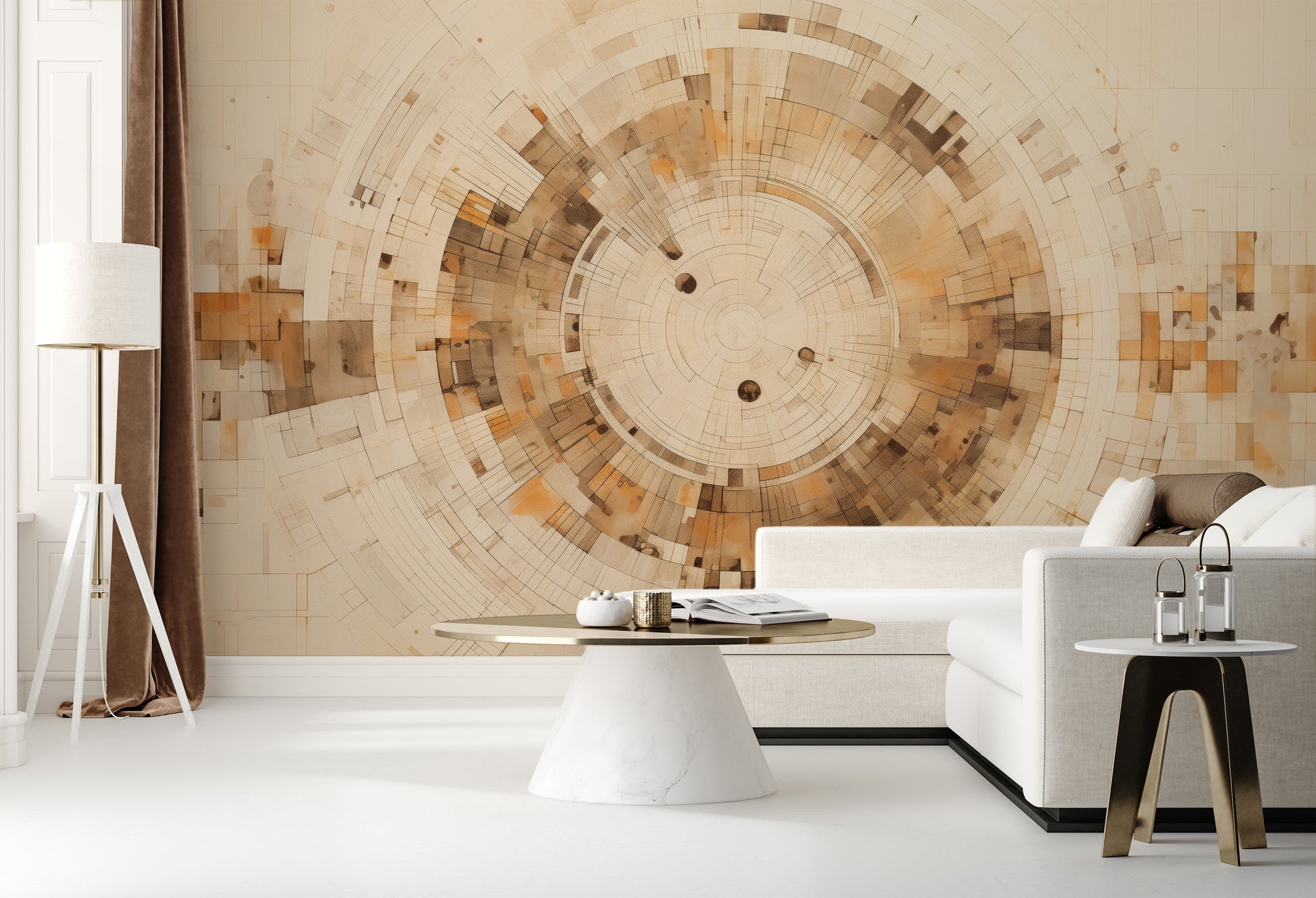 Fototapeta malowana o nazwie PIXELATED VORTEX IN EARTHEN TONES pokazana w aranżacji wnętrza.