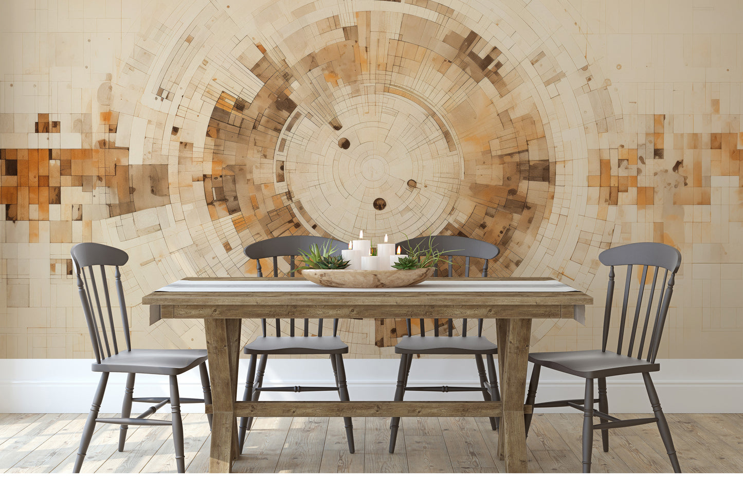 Wzór fototapety malowanej o nazwie PIXELATED VORTEX IN EARTHEN TONES pokazanej w aranżacji wnętrza.