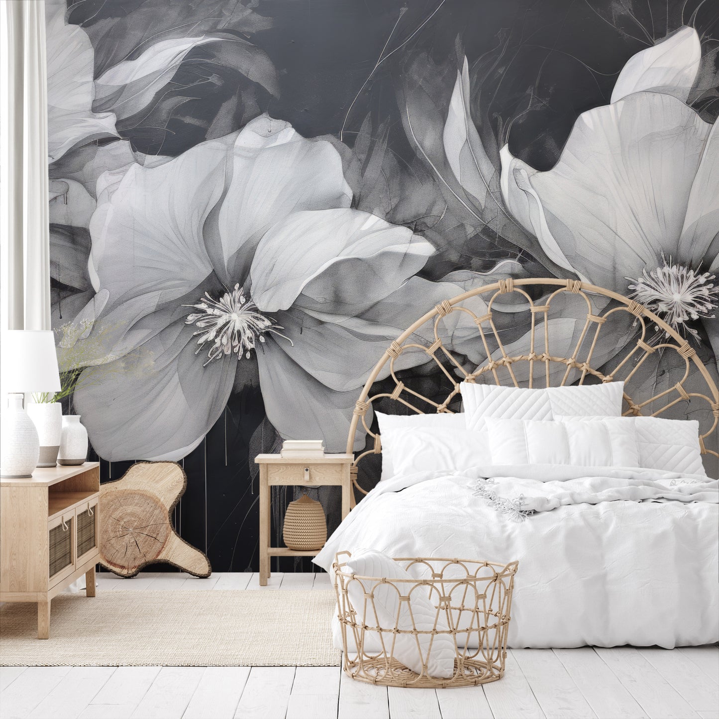 Fototapeta artystyczna o nazwie CHARCOAL FLORAL CASCADE pokazana w aranżacji wnętrza.