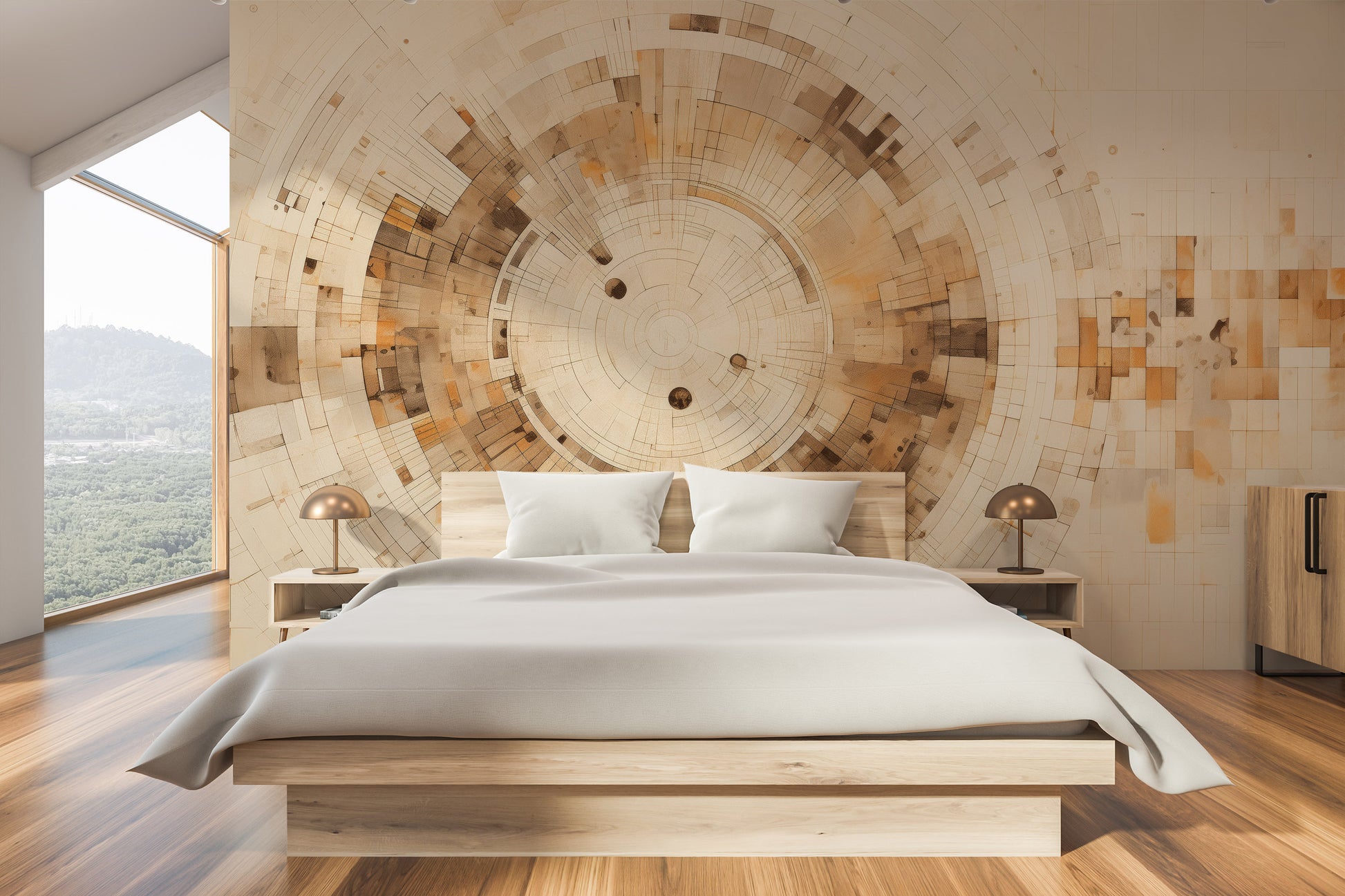 Wzór fototapety artystycznej o nazwie PIXELATED VORTEX IN EARTHEN TONES pokazanej w aranżacji wnętrza.