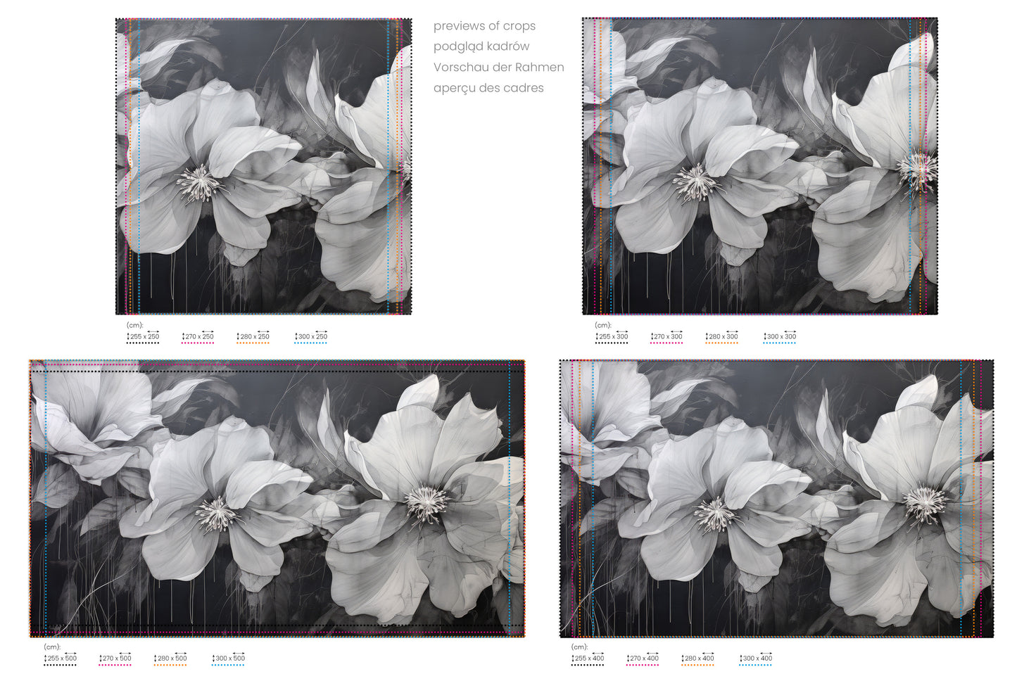 Na obrazie znajduje się prezentacja przykładowych rozmiarów fototapety o nazwie CHARCOAL FLORAL CASCADE. Rozmiar fototapety jest dowolny.