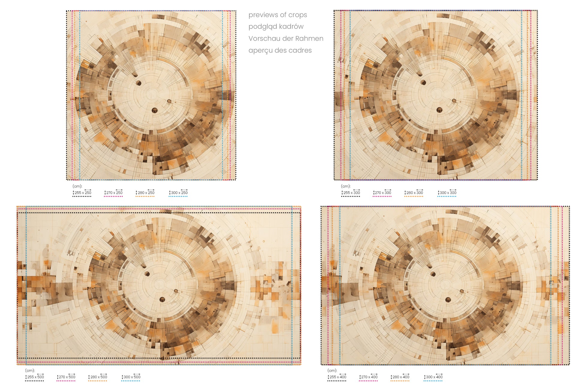 Na obrazie znajduje się prezentacja przykładowych rozmiarów fototapety o nazwie PIXELATED VORTEX IN EARTHEN TONES. Rozmiar fototapety jest dowolny.