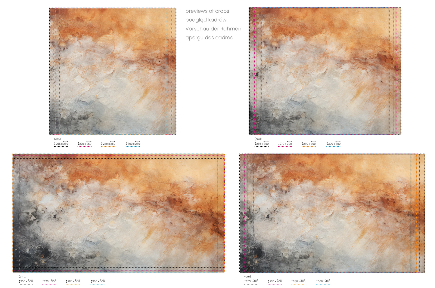 Na obrazie znajduje się prezentacja przykładowych rozmiarów fototapety o nazwie Jupiter's Canvas. Rozmiar fototapety jest dowolny.