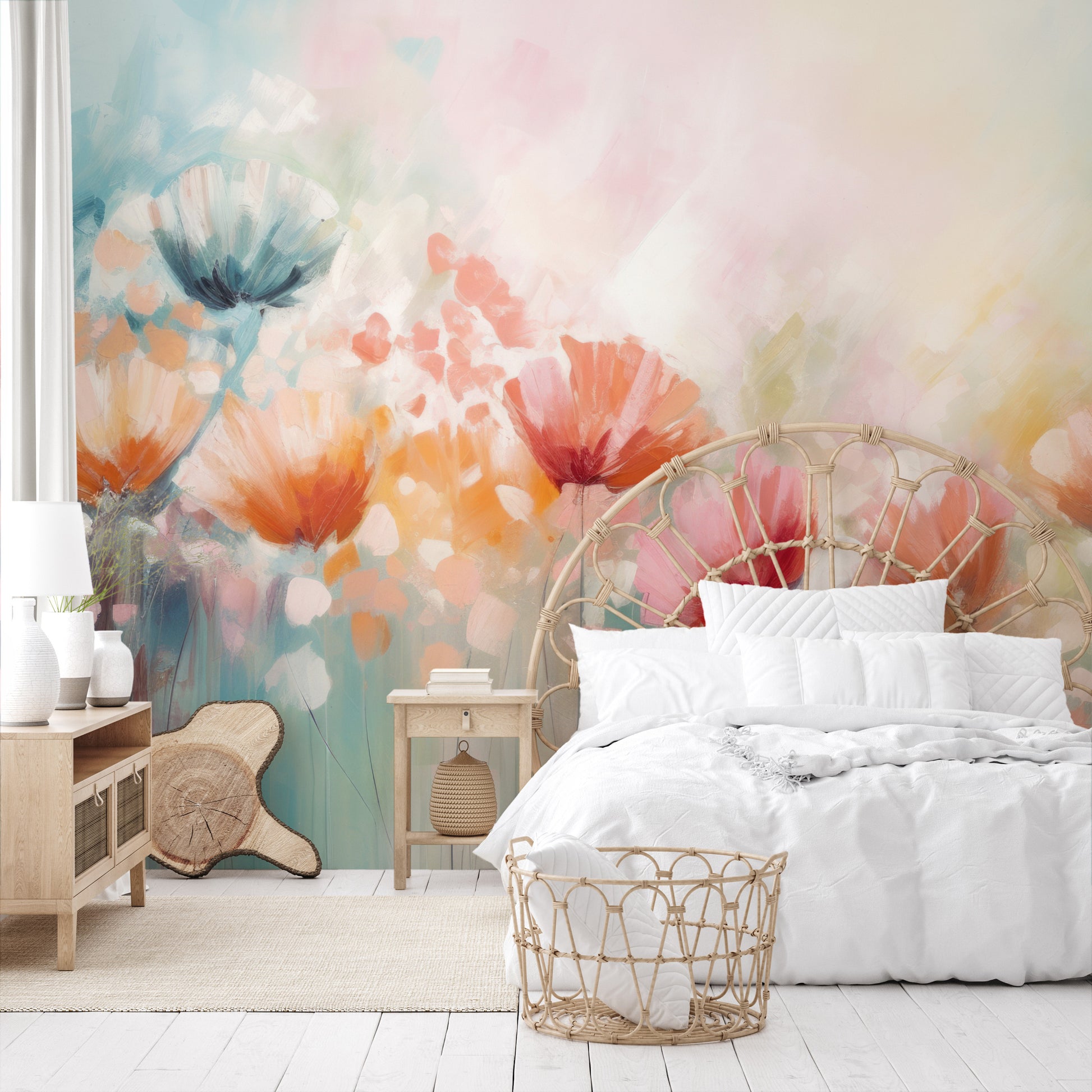 Fototapeta artystyczna o nazwie Blossom Rain pokazana w aranżacji wnętrza.