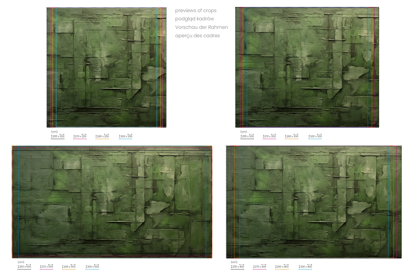 Na obrazie znajduje się prezentacja przykładowych rozmiarów fototapety o nazwie Emerald Geometry. Rozmiar fototapety jest dowolny.