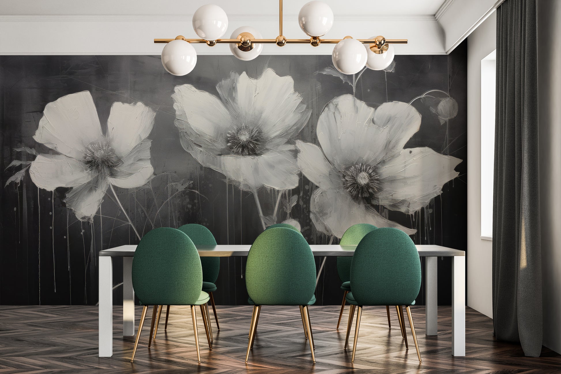 Wzór fototapety o nazwie NOIR FLORAL WHISPER pokazanej w kontekście pomieszczenia.