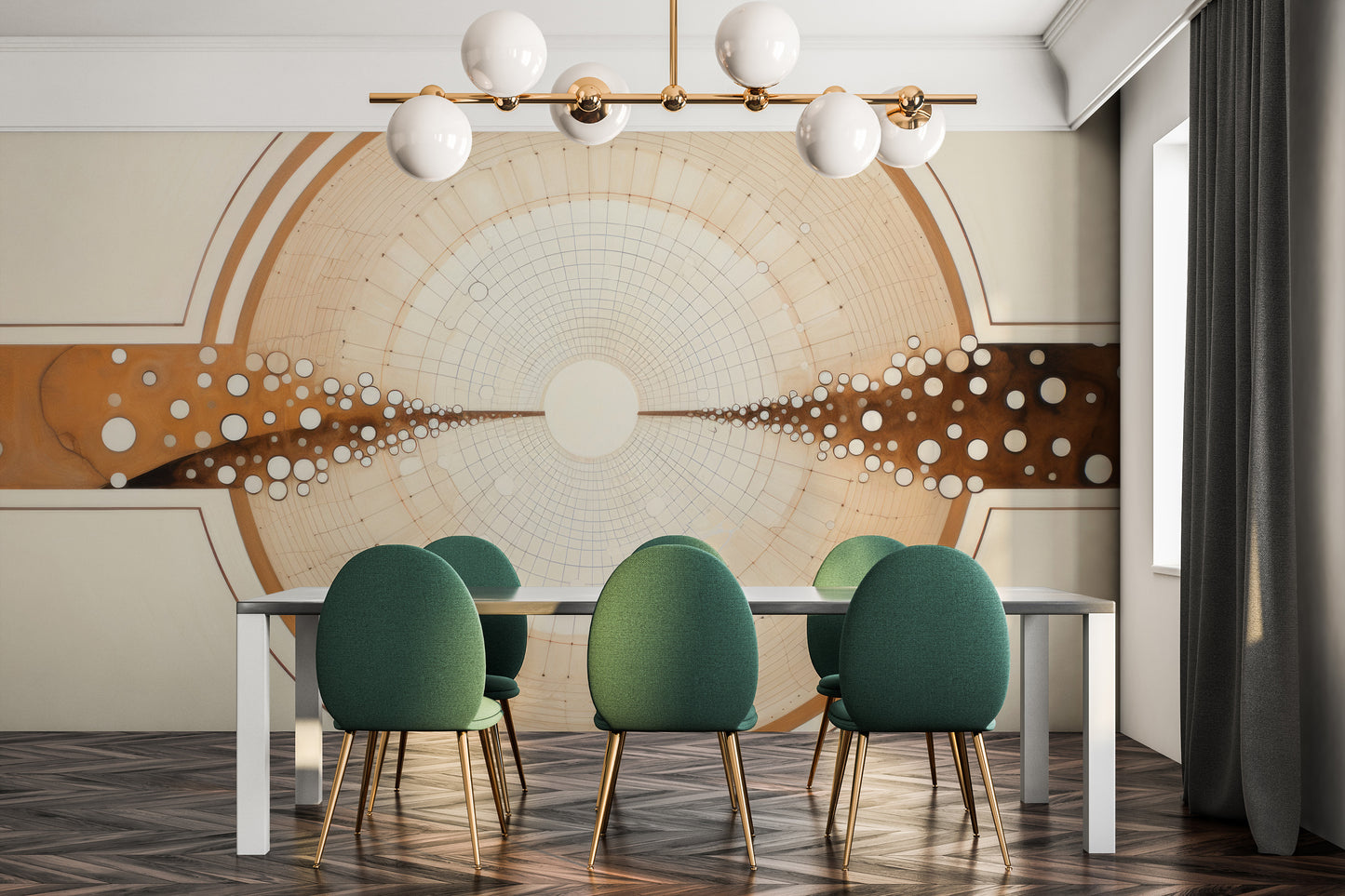 Wzór fototapety artystycznej o nazwie COSMIC BRIDGE IN WOODSY SPHERES pokazanej w aranżacji wnętrza.