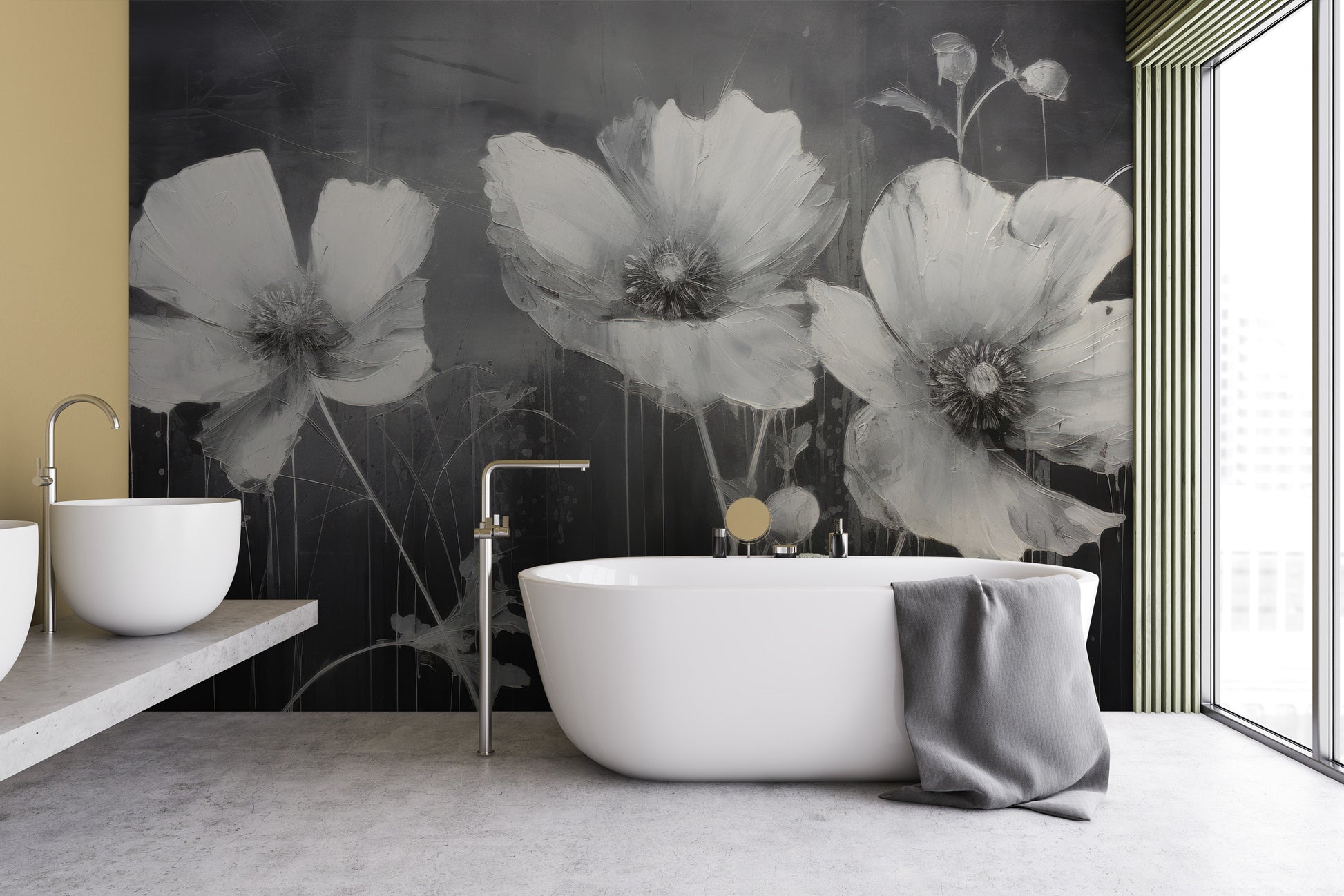 Wzór fototapety artystycznej o nazwie NOIR FLORAL WHISPER pokazanej w aranżacji wnętrza.