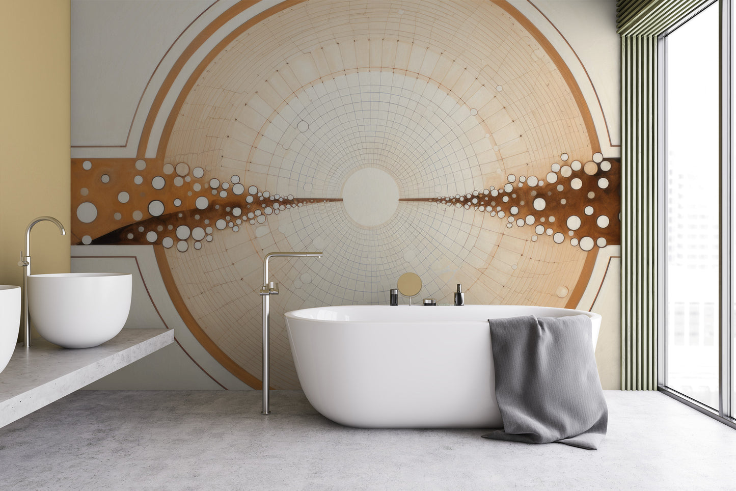 Wzór fototapety o nazwie COSMIC BRIDGE IN WOODSY SPHERES pokazanej w kontekście pomieszczenia.