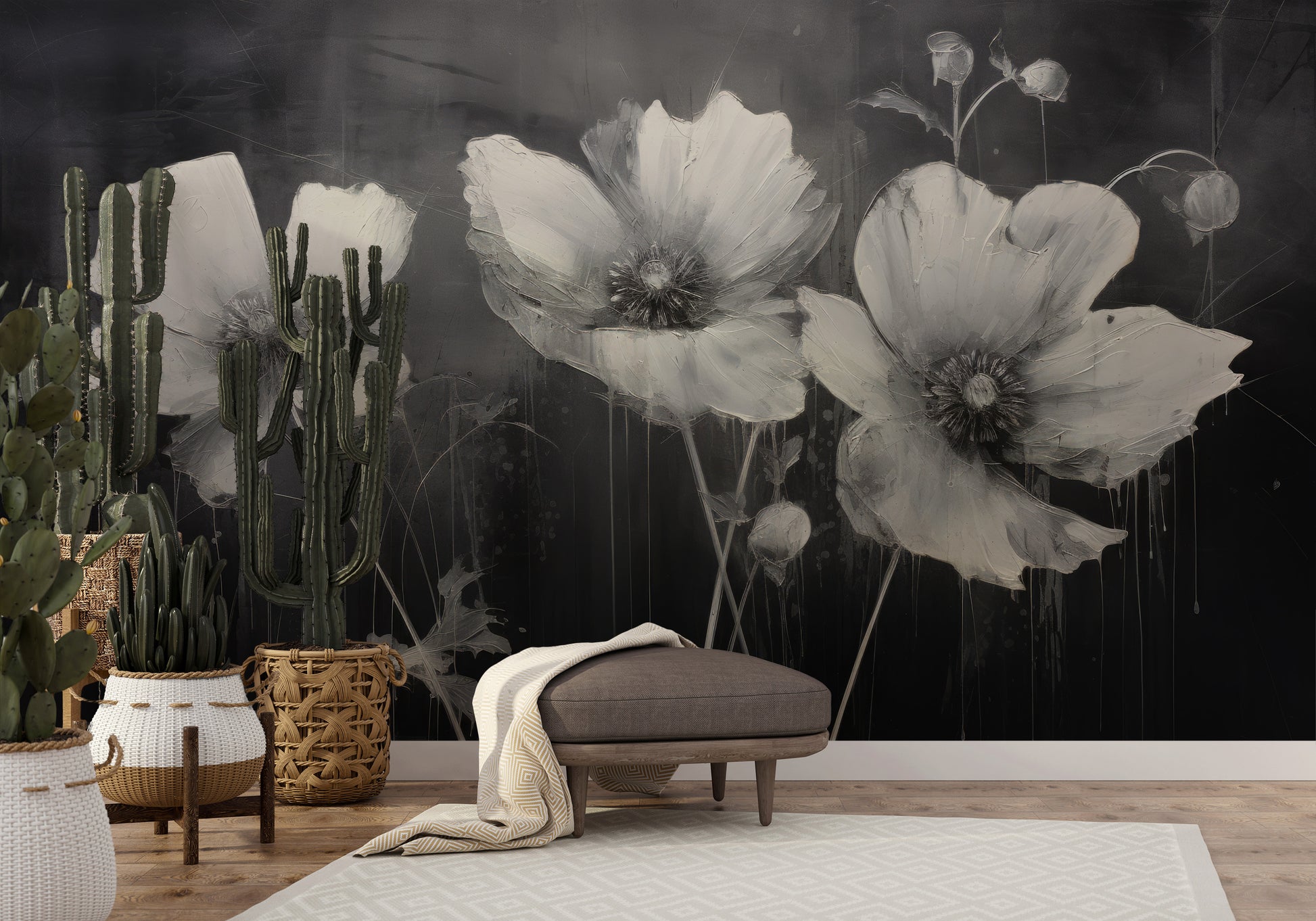 Wzór fototapety malowanej o nazwie NOIR FLORAL WHISPER pokazanej w aranżacji wnętrza.