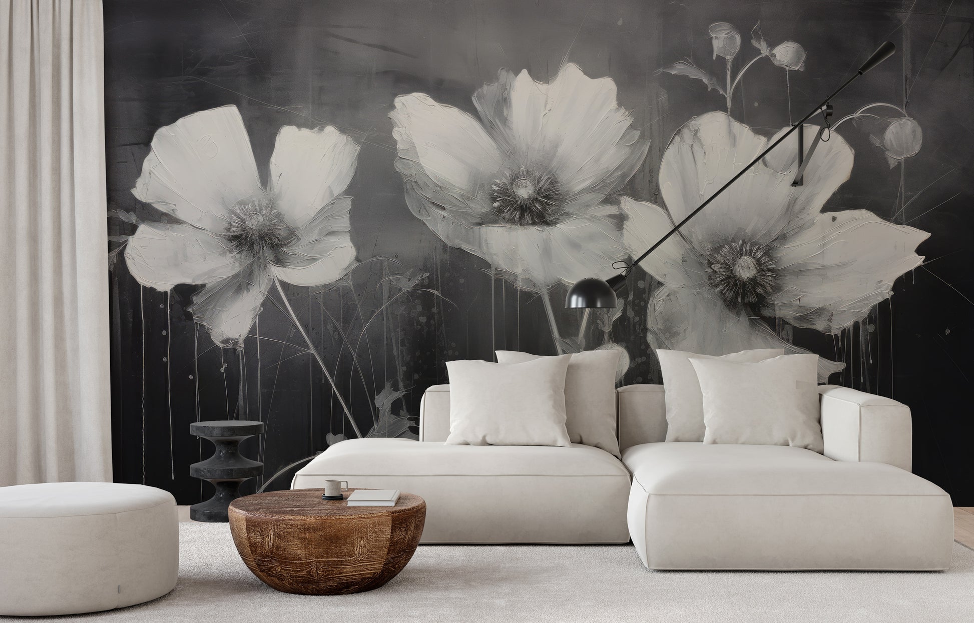 Zdjęcie prezentuje aranżację wnętrza z użyciem fototapety o nazwie NOIR FLORAL WHISPER pokazanej w aranżacji wnętrza.