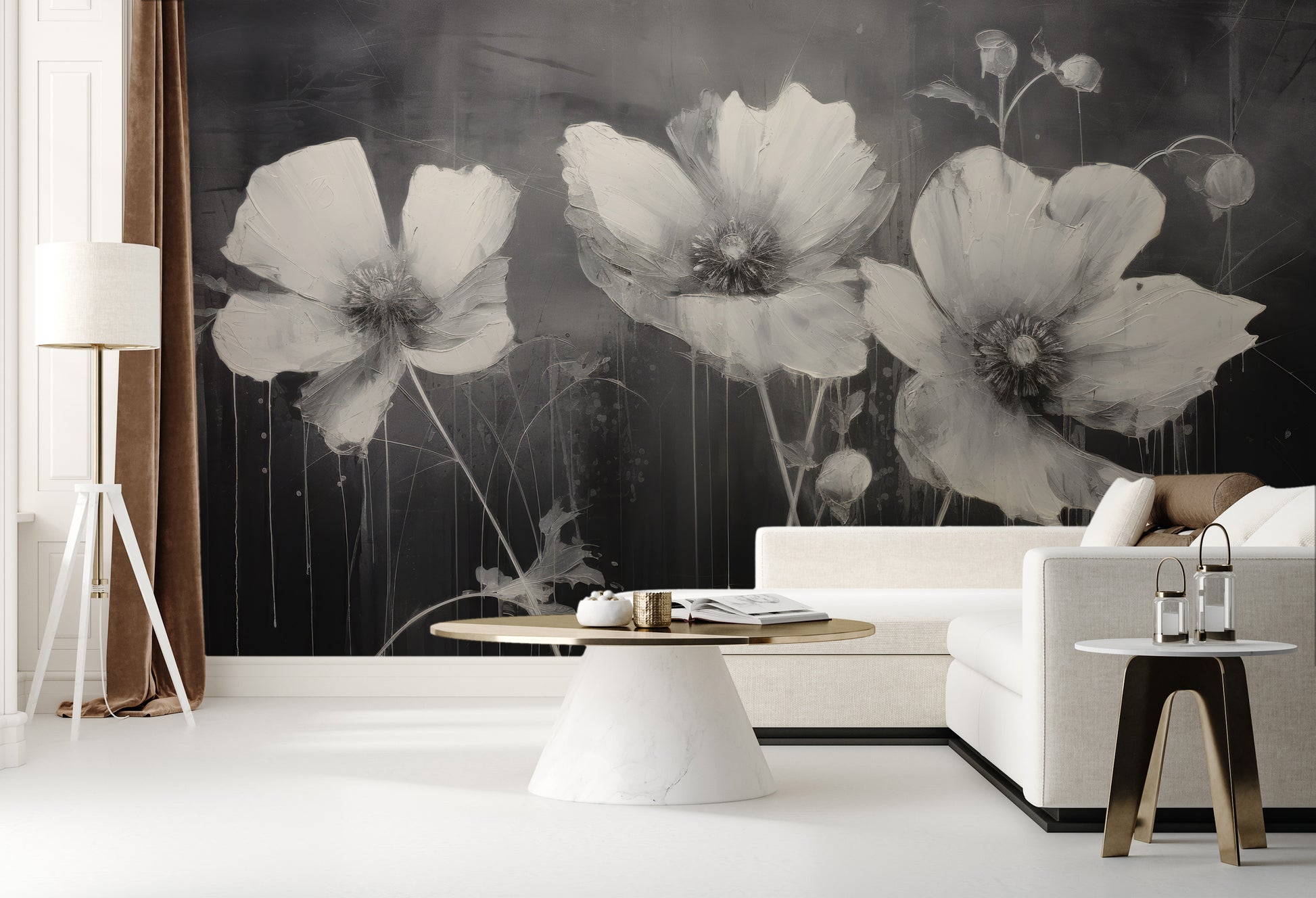 Wzór fototapety artystycznej o nazwie NOIR FLORAL WHISPER pokazanej w aranżacji wnętrza.