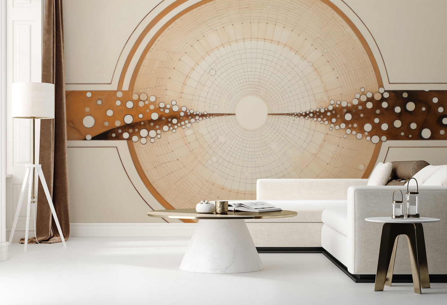 Wzór fototapety malowanej o nazwie COSMIC BRIDGE IN WOODSY SPHERES pokazanej w aranżacji wnętrza.