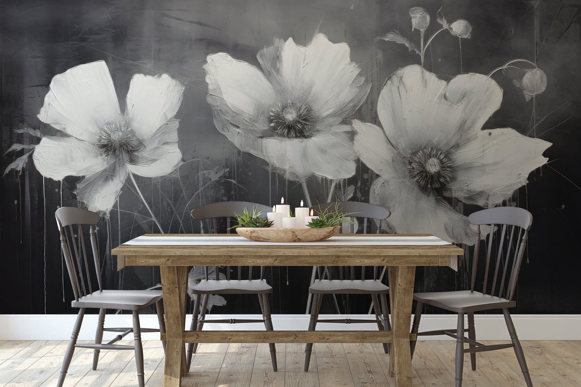 Fototapeta malowana o nazwie NOIR FLORAL WHISPER pokazana w aranżacji wnętrza.