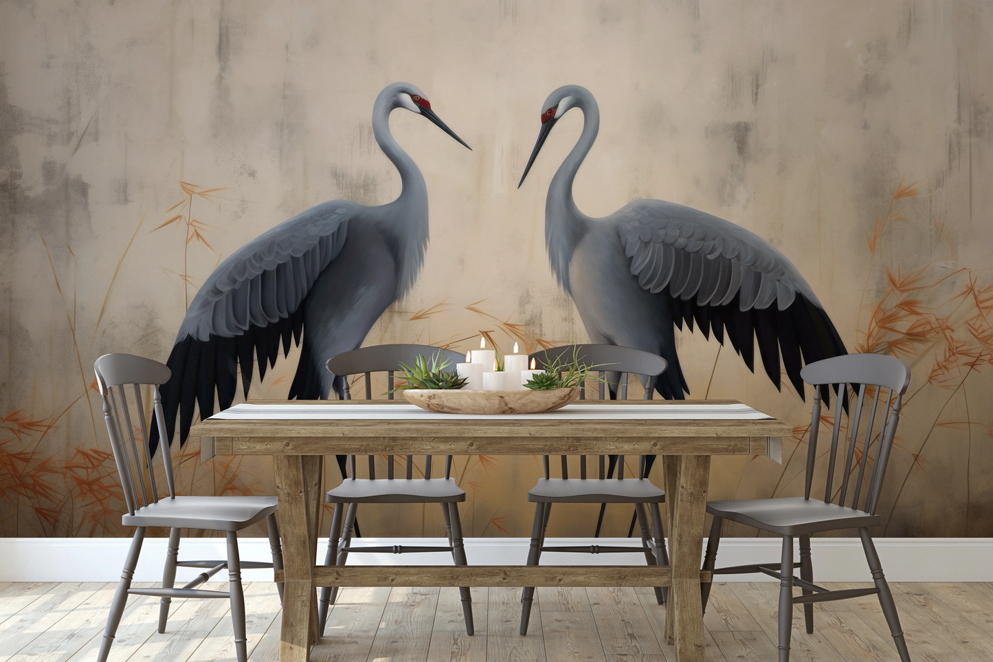 Wzór fototapety malowanej o nazwie Tranquil Symphony pokazanej w aranżacji wnętrza.