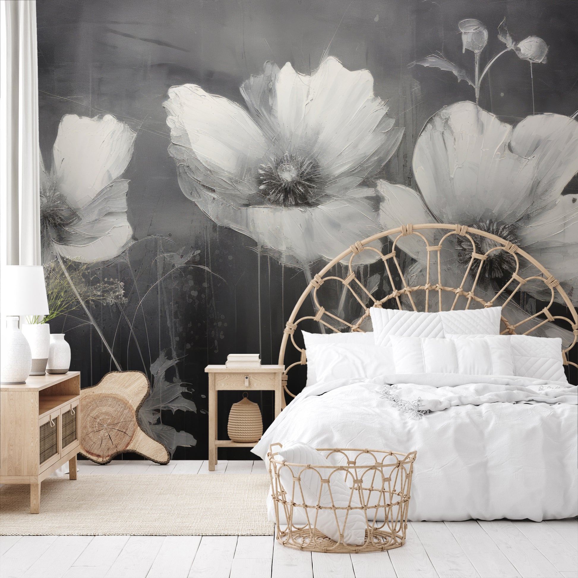 Fototapeta artystyczna o nazwie NOIR FLORAL WHISPER pokazana w aranżacji wnętrza.