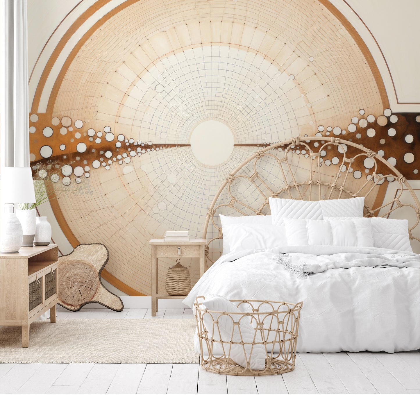 Zdjęcie prezentuje aranżację wnętrza z użyciem fototapety o nazwie COSMIC BRIDGE IN WOODSY SPHERES pokazanej w aranżacji wnętrza.