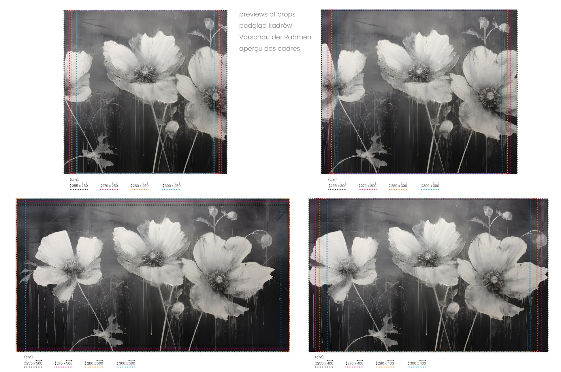 Na obrazie znajduje się prezentacja przykładowych rozmiarów fototapety o nazwie NOIR FLORAL WHISPER. Rozmiar fototapety jest dowolny.