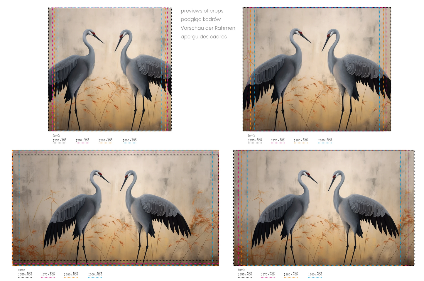 Na obrazie znajduje się prezentacja przykładowych rozmiarów fototapety o nazwie Tranquil Symphony. Rozmiar fototapety jest dowolny.