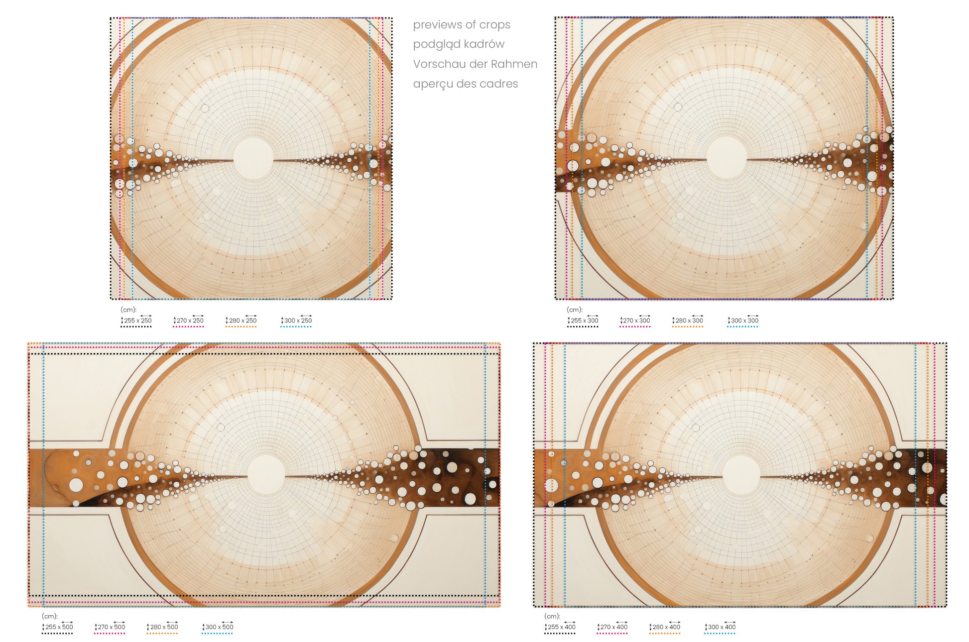 Na obrazie znajduje się prezentacja przykładowych rozmiarów fototapety o nazwie COSMIC BRIDGE IN WOODSY SPHERES. Rozmiar fototapety jest dowolny.
