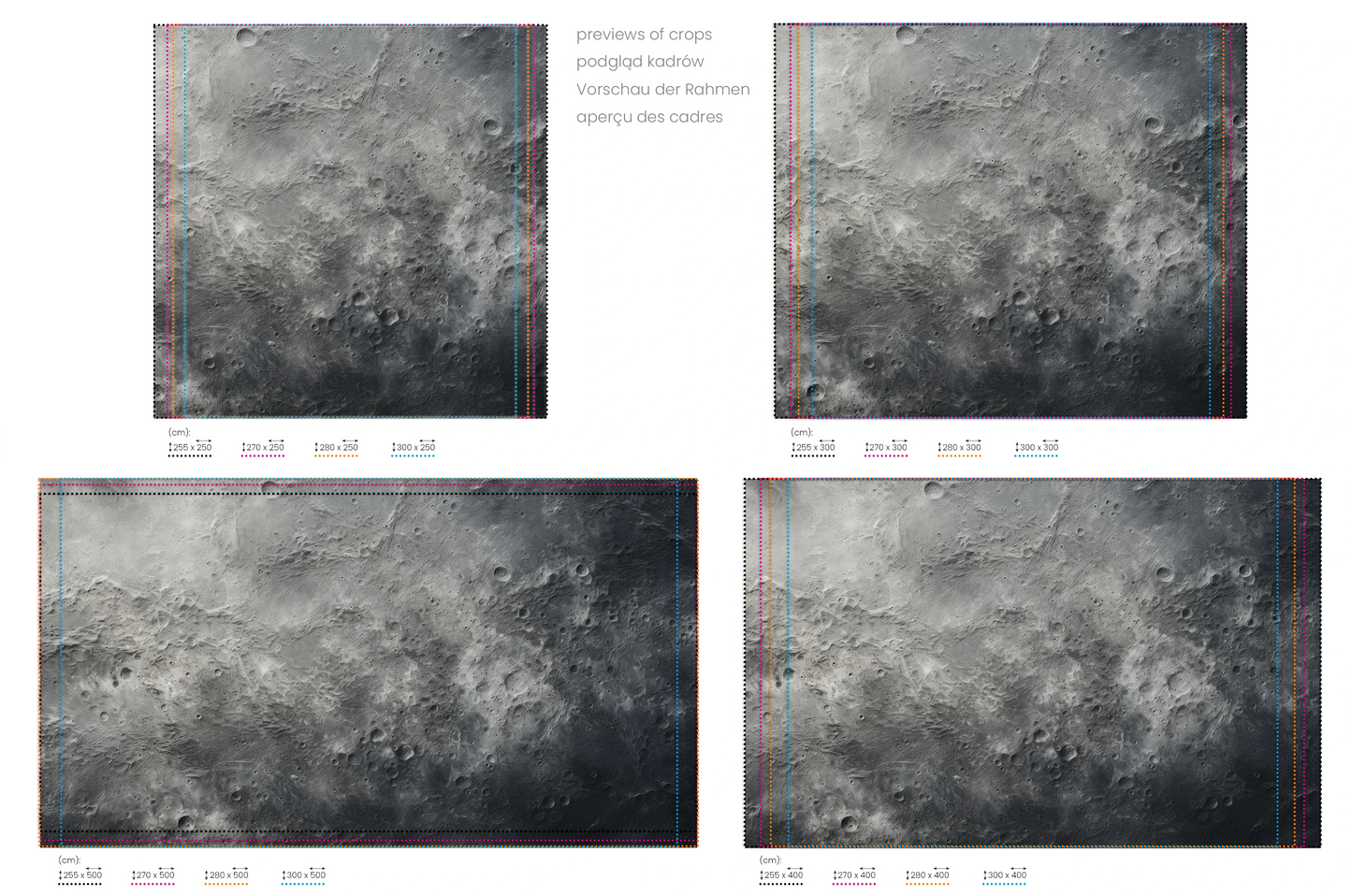 Na obrazie znajduje się prezentacja przykładowych rozmiarów fototapety o nazwie Mercury's Texture. Rozmiar fototapety jest dowolny.