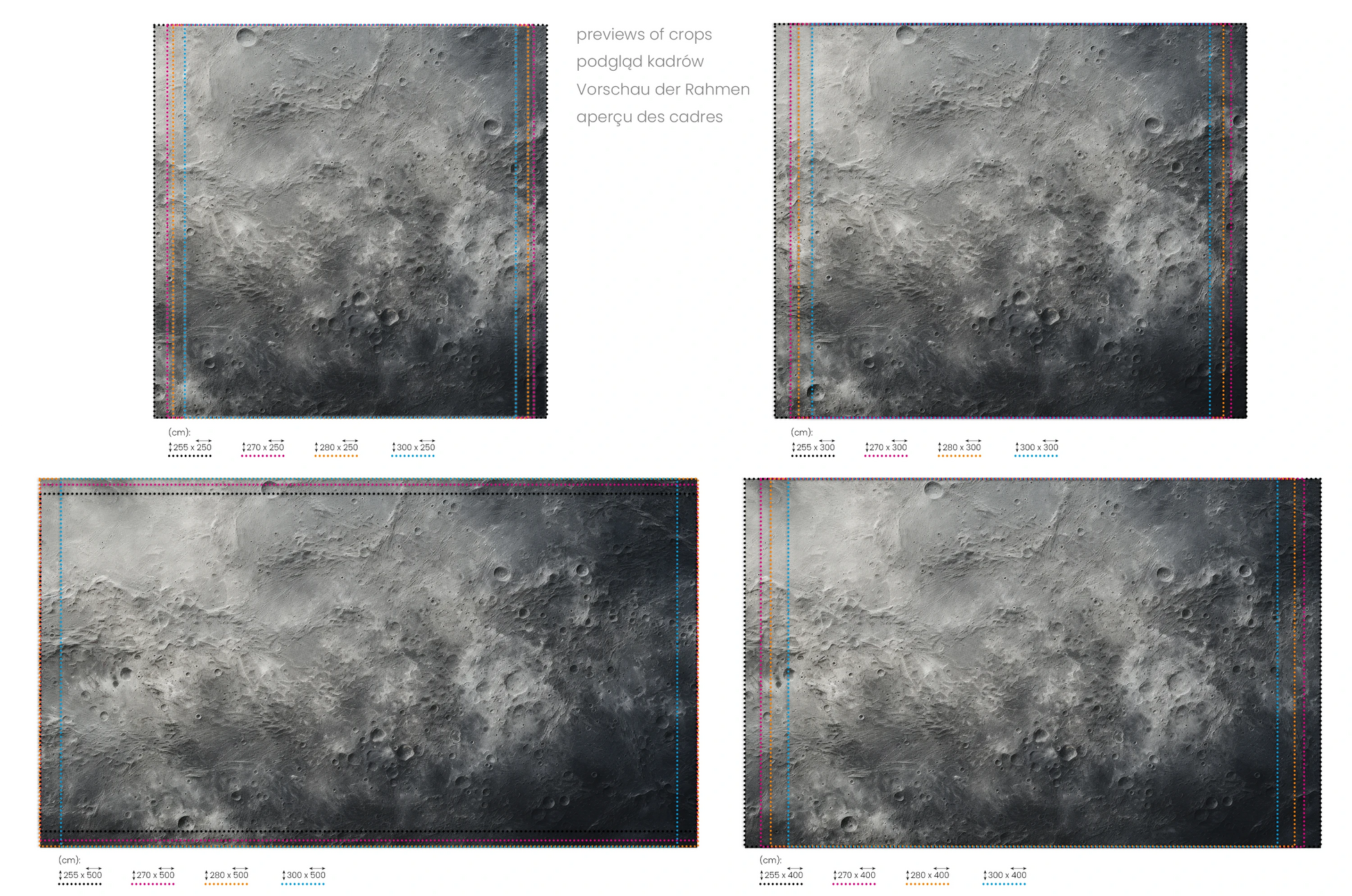 Na obrazie znajduje się prezentacja przykładowych rozmiarów fototapety o nazwie Mercury's Texture. Rozmiar fototapety jest dowolny.