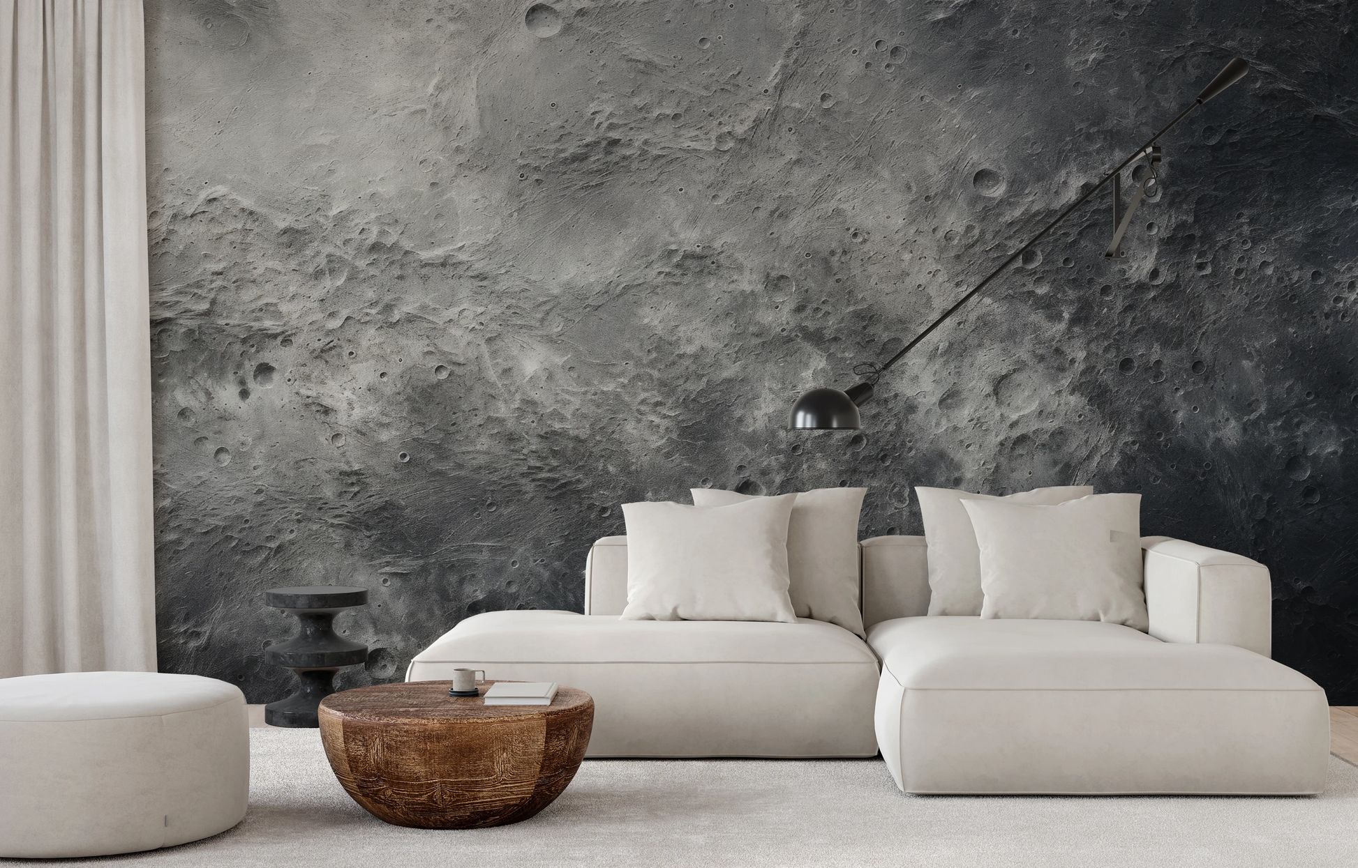 Zdjęcie prezentuje aranżację wnętrza z użyciem fototapety o nazwie Mercury's Texture pokazanej w aranżacji wnętrza.