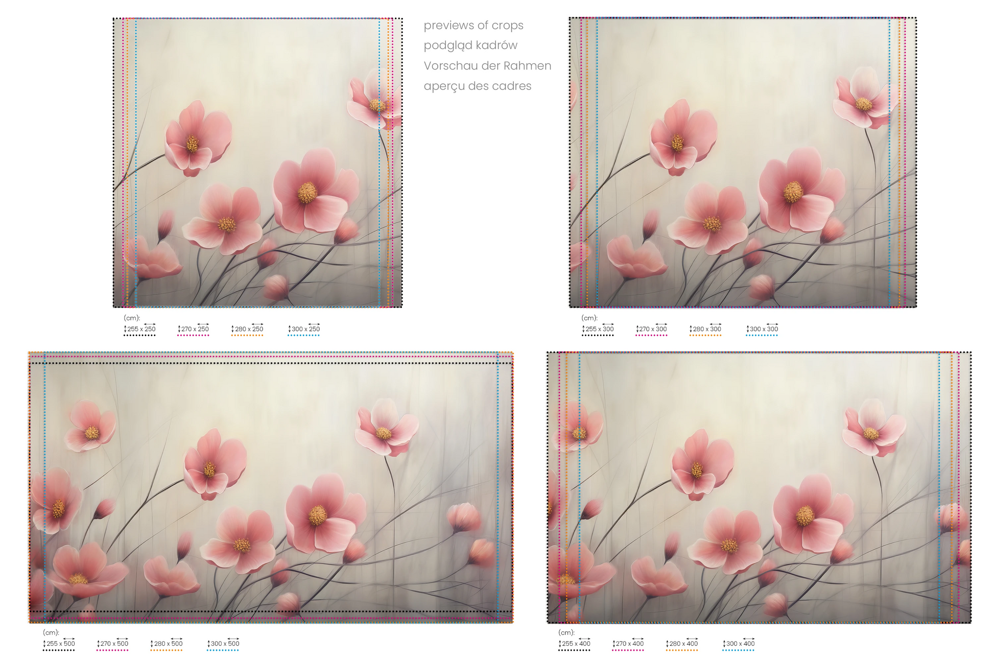 Na obrazie znajduje się prezentacja przykładowych rozmiarów fototapety o nazwie Delicate Bloom. Rozmiar fototapety jest dowolny.