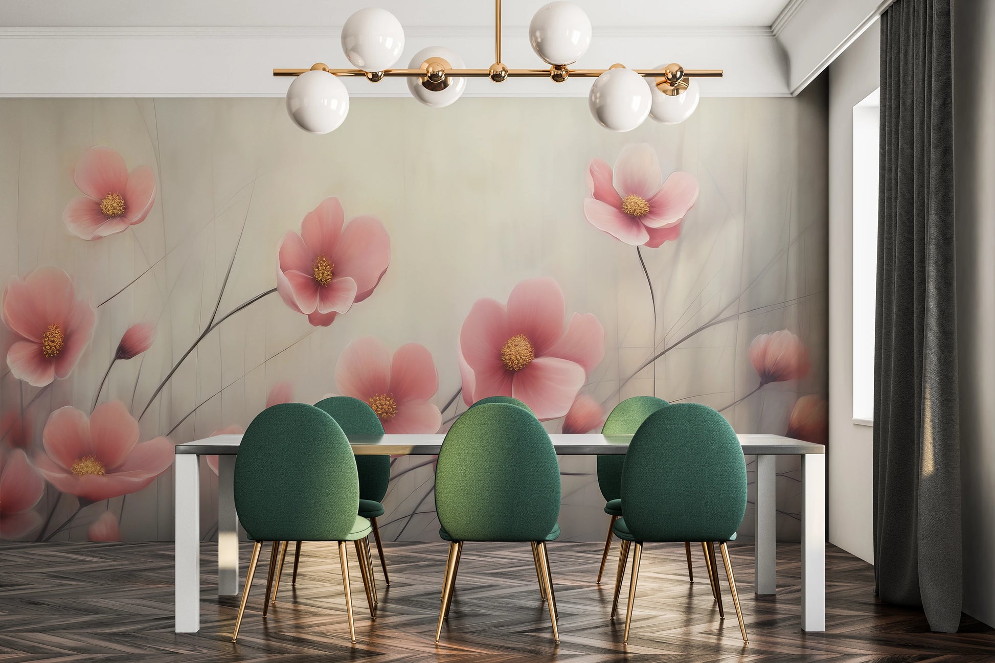 Wzór fototapety o nazwie Delicate Bloom pokazanej w kontekście pomieszczenia.