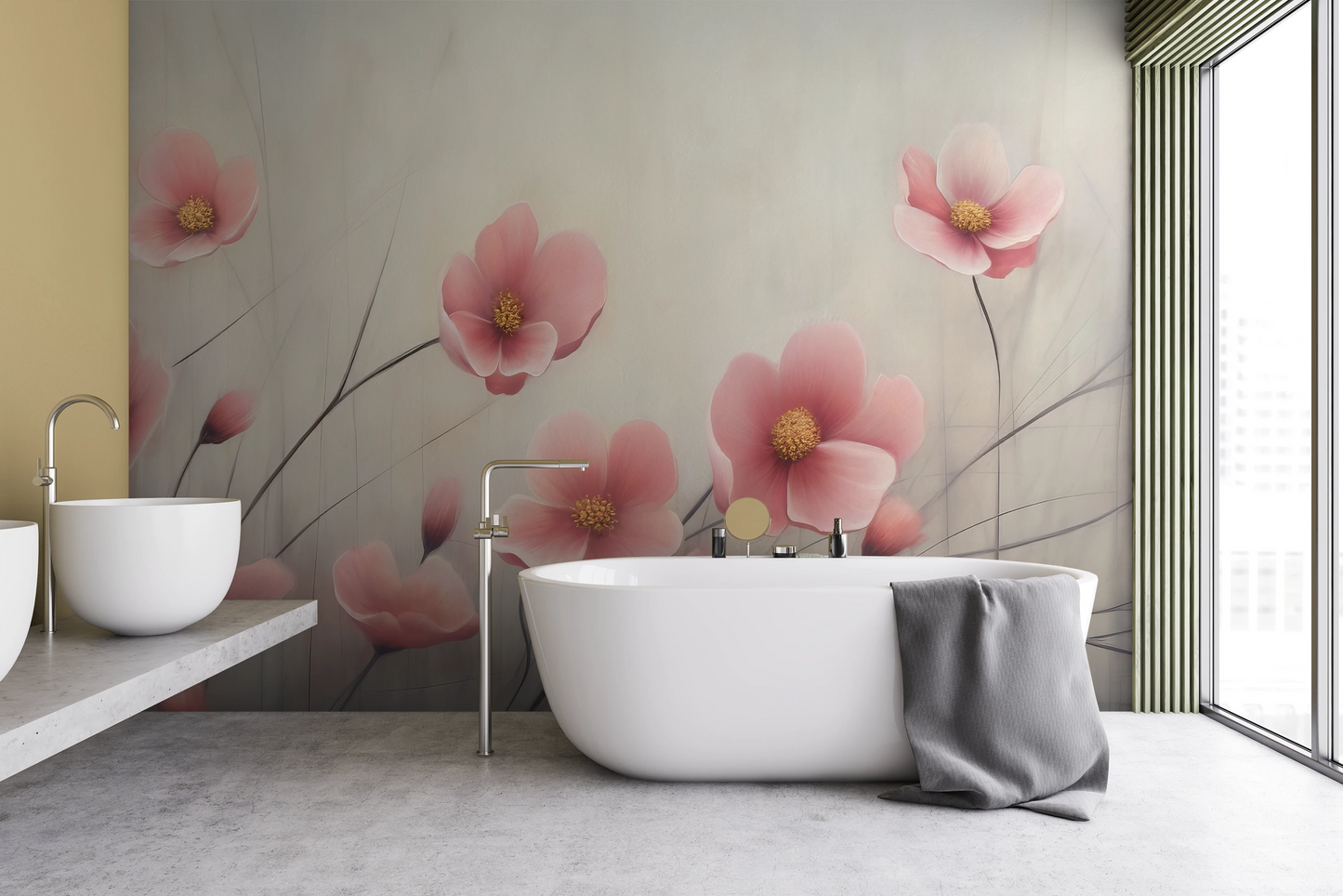 Wzór fototapety artystycznej o nazwie Delicate Bloom pokazanej w aranżacji wnętrza.