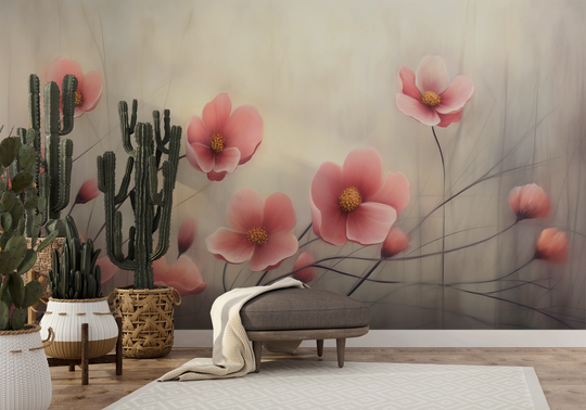Wzór fototapety artystycznej o nazwie Delicate Bloom pokazanej w aranżacji wnętrza.